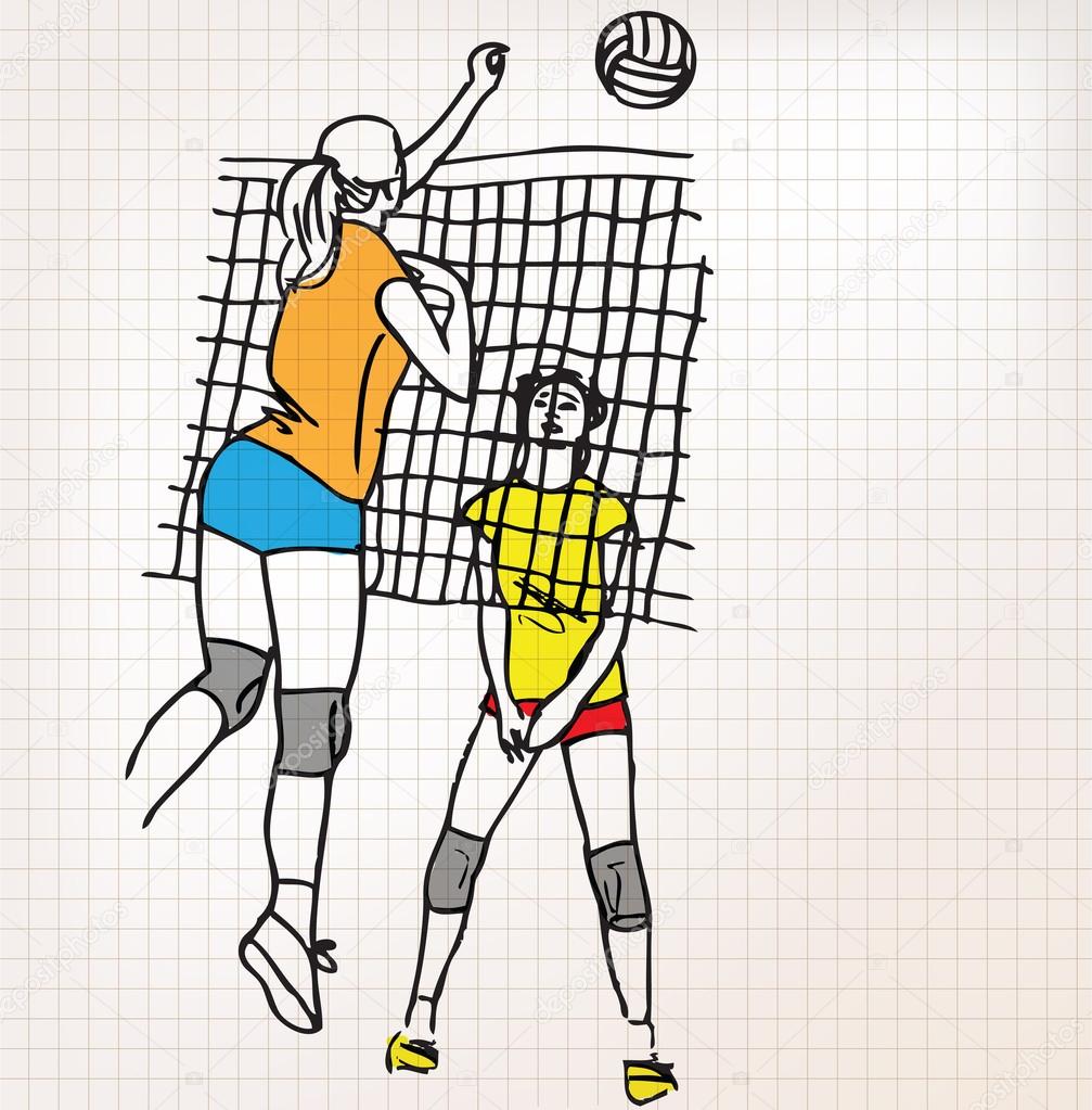 girls playing volleyball sketch illustration
